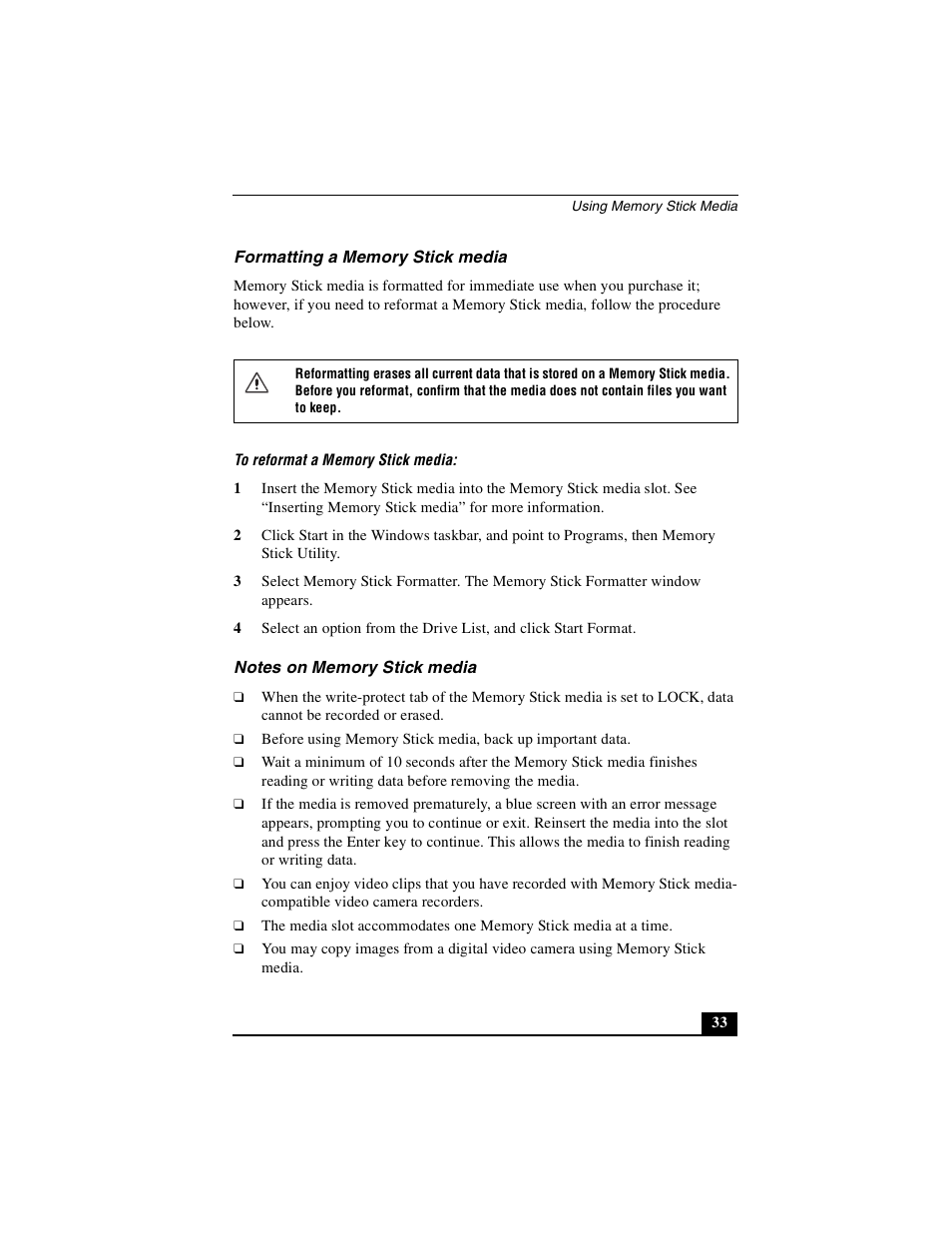 Formatting a memory stick media, Notes on memory stick media | Sony PCG-R505DSK User Manual | Page 33 / 229