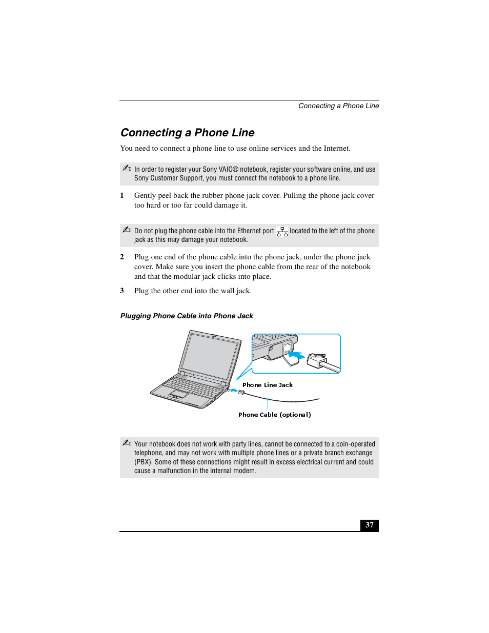 Connecting a phone line | Sony PCG-R505DSK User Manual | Page 37 / 229