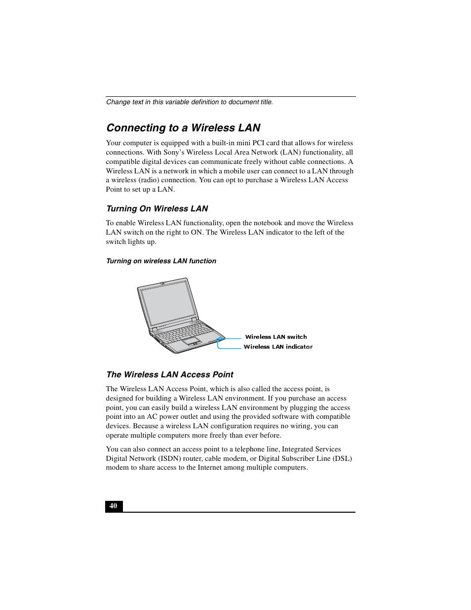 Connecting to a wireless lan, Turning on wireless lan, The wireless lan access point | Sony PCG-R505DSK User Manual | Page 40 / 229