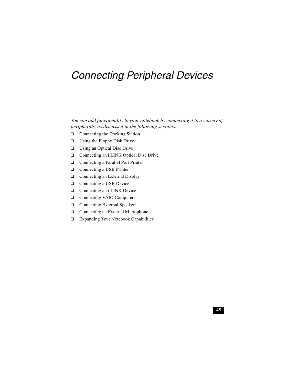 Connecting peripheral devices | Sony PCG-R505DSK User Manual | Page 45 / 229