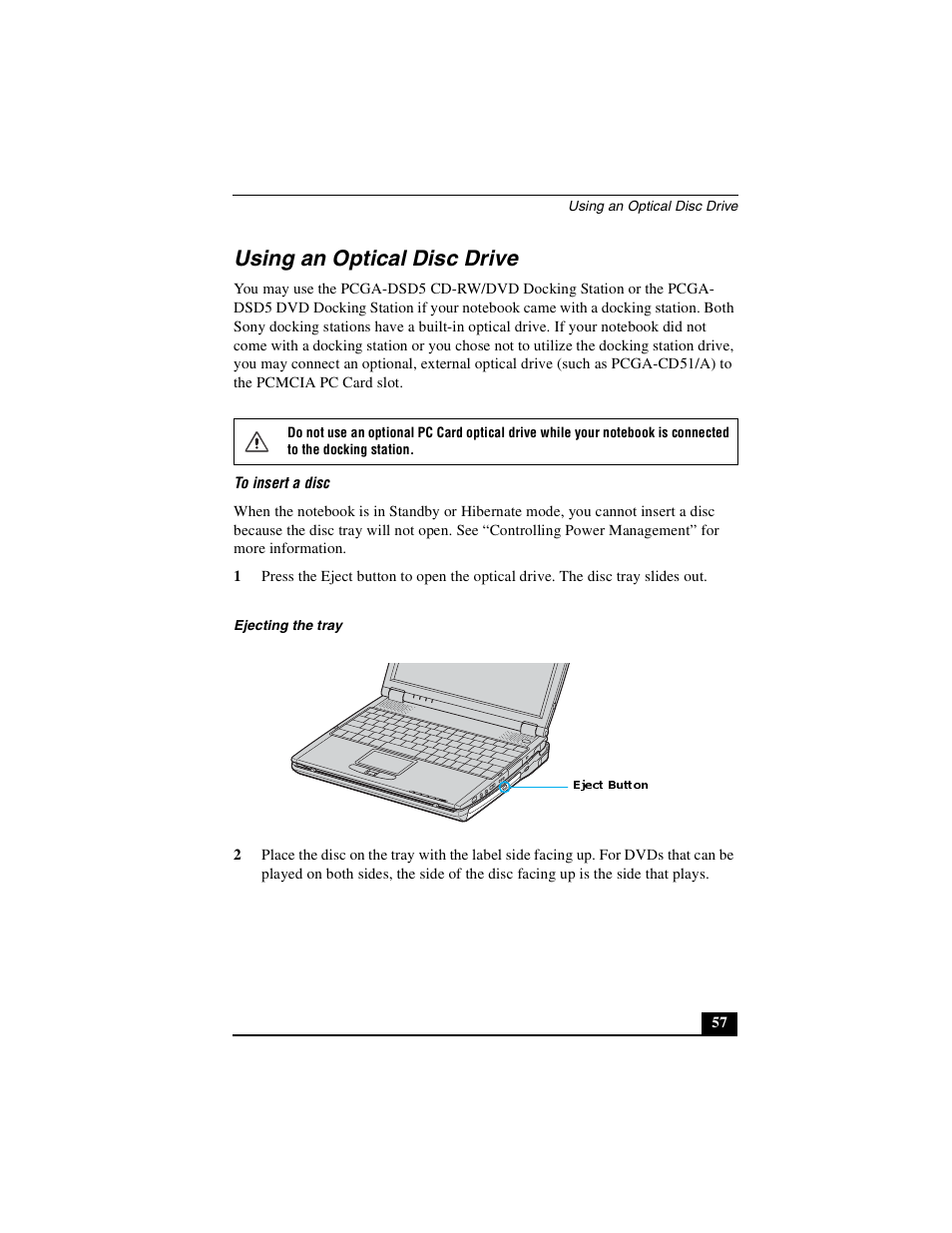 Using an optical disc drive | Sony PCG-R505DSK User Manual | Page 57 / 229