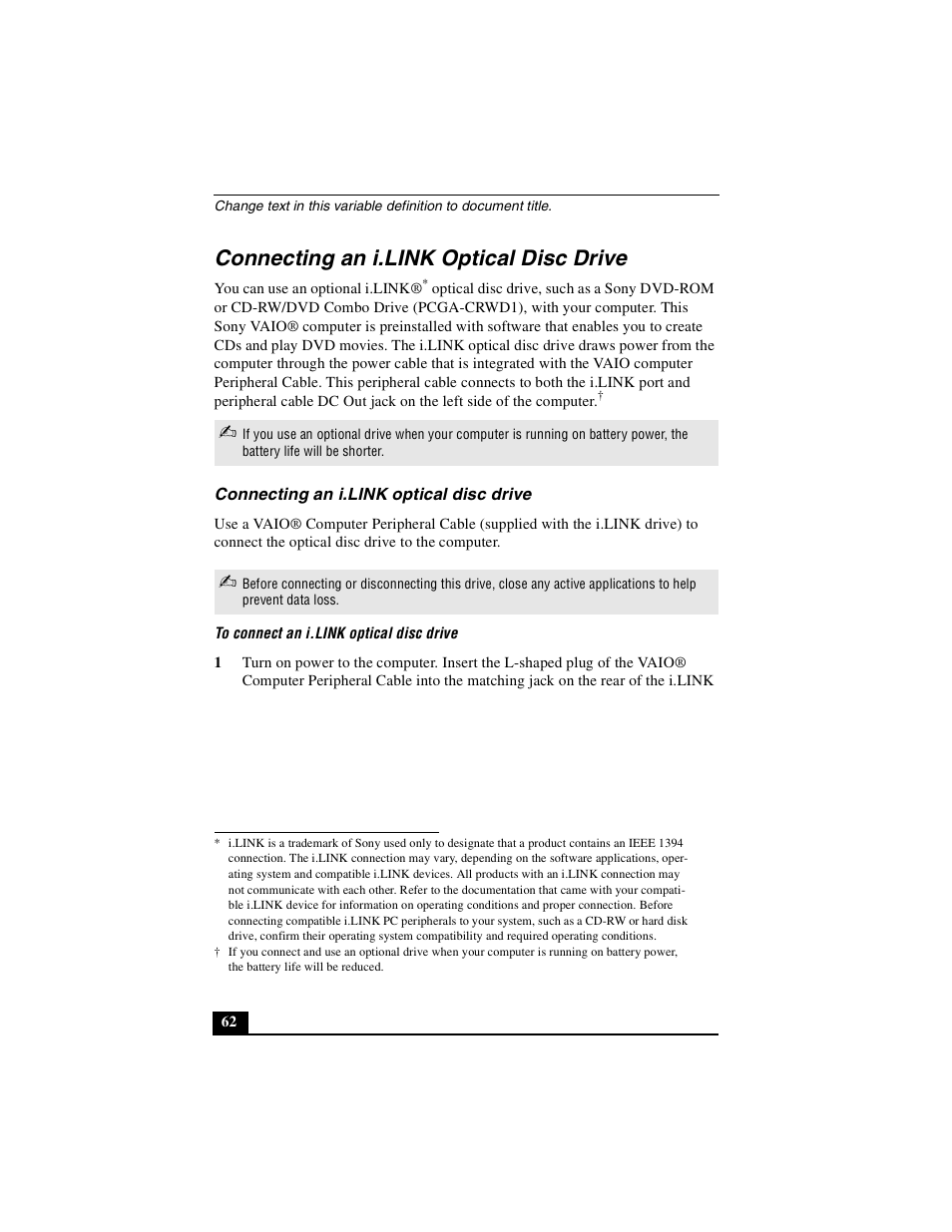 Connecting an i.link optical disc drive | Sony PCG-R505DSK User Manual | Page 62 / 229