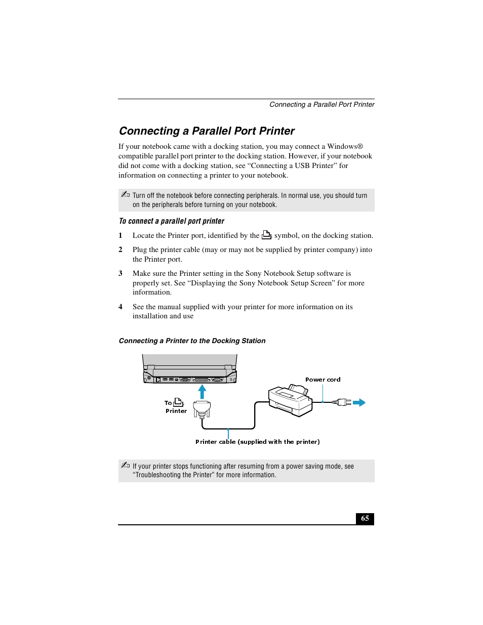 Connecting a parallel port printer | Sony PCG-R505DSK User Manual | Page 65 / 229