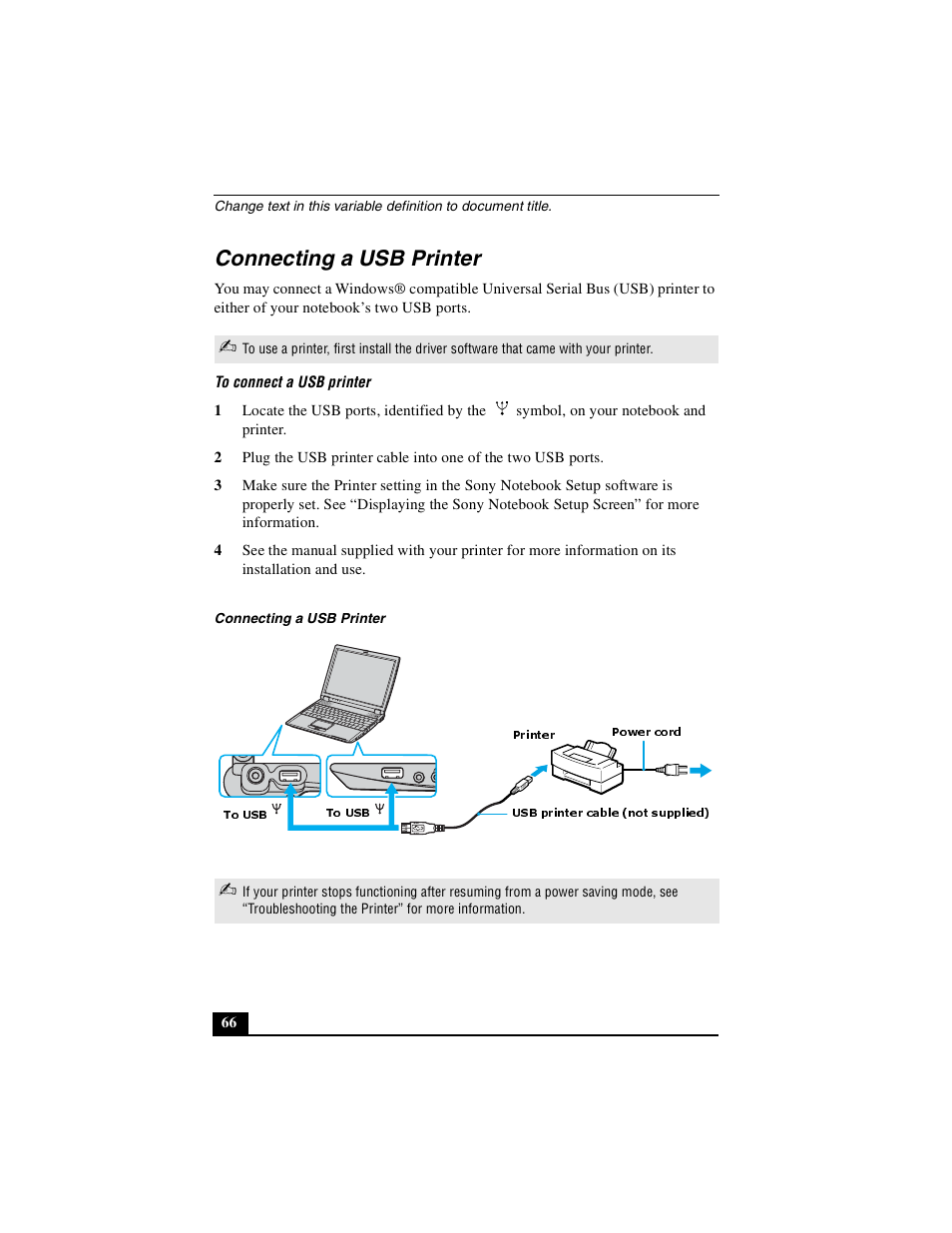 Connecting a usb printer | Sony PCG-R505DSK User Manual | Page 66 / 229