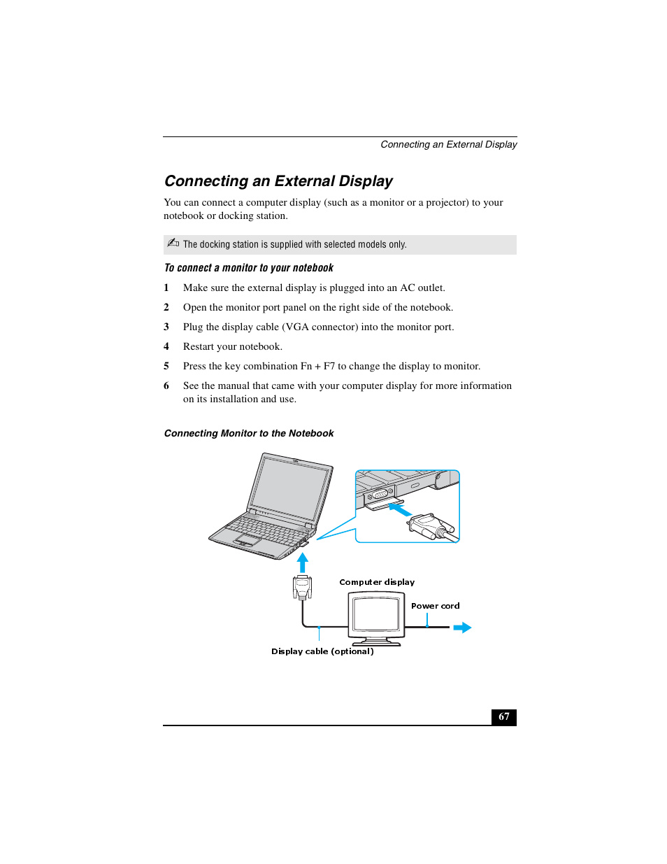 Connecting an external display | Sony PCG-R505DSK User Manual | Page 67 / 229