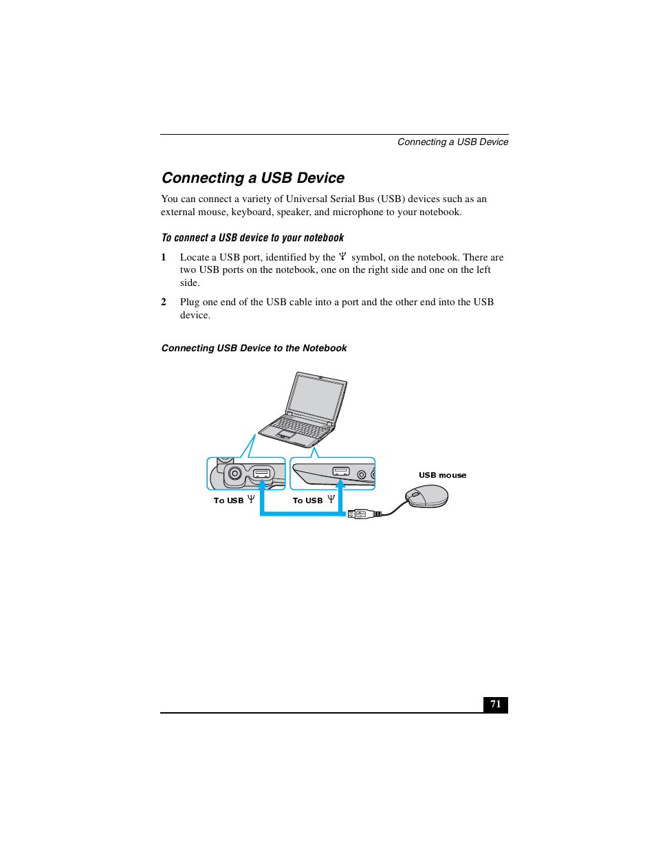 Connecting a usb device | Sony PCG-R505DSK User Manual | Page 71 / 229