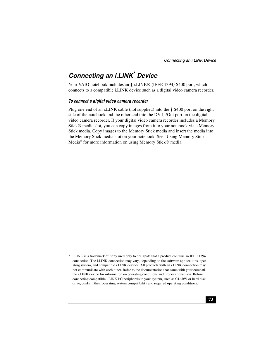 Connecting an i.link device, Connecting an i.link, Device | Sony PCG-R505DSK User Manual | Page 73 / 229