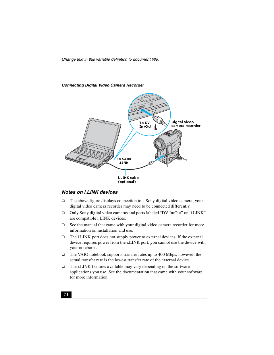 Notes on i.link devices | Sony PCG-R505DSK User Manual | Page 74 / 229