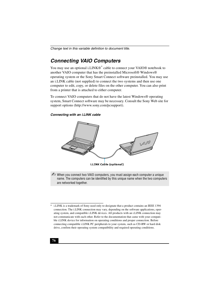 Connecting vaio computers, I.link cable (optional) | Sony PCG-R505DSK User Manual | Page 76 / 229