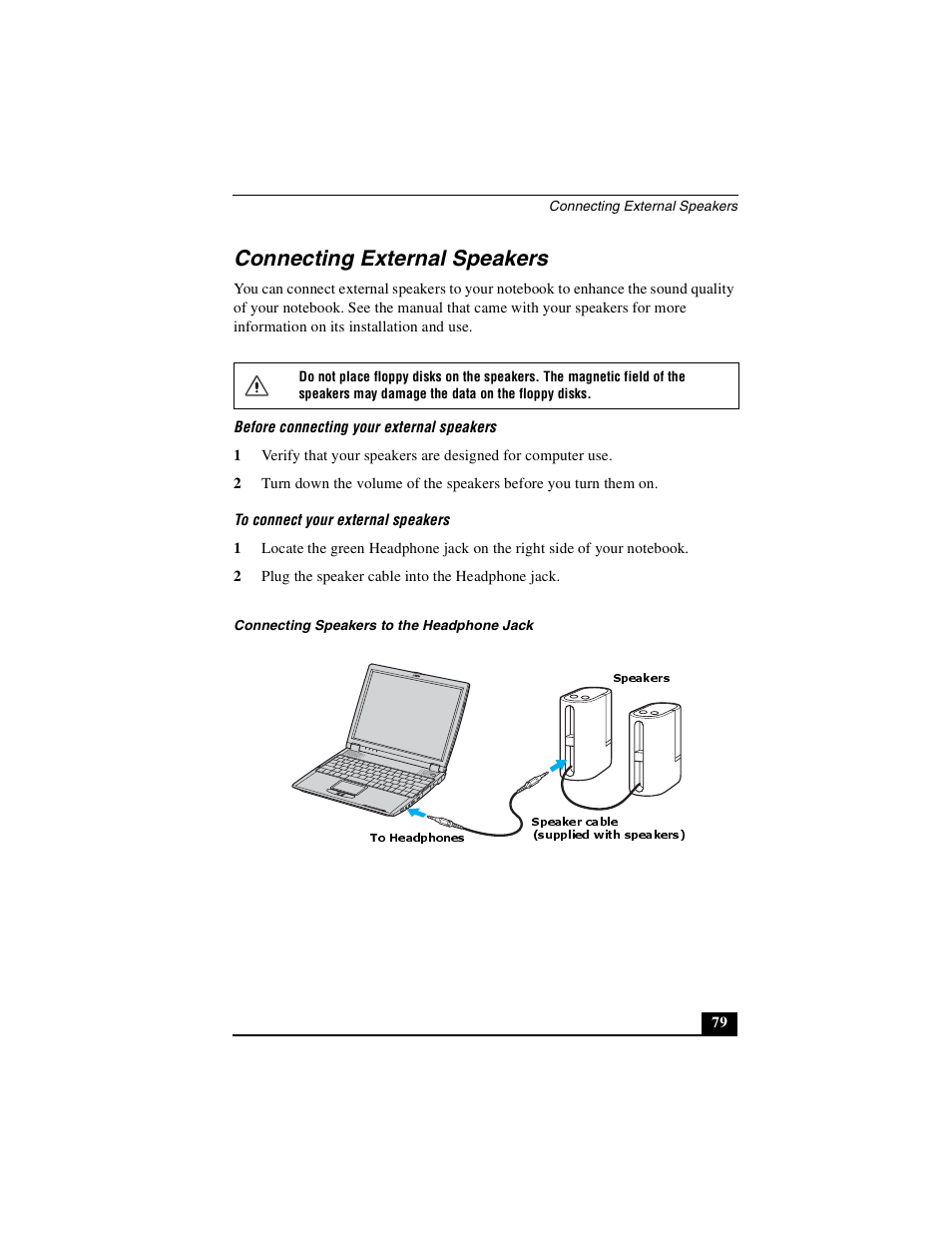 Connecting external speakers | Sony PCG-R505DSK User Manual | Page 79 / 229