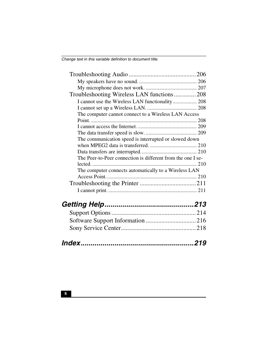 Getting help, Index | Sony PCG-R505DSK User Manual | Page 8 / 229