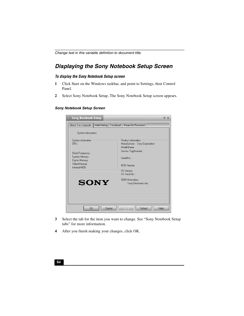 Displaying the sony notebook setup screen | Sony PCG-R505DSK User Manual | Page 84 / 229