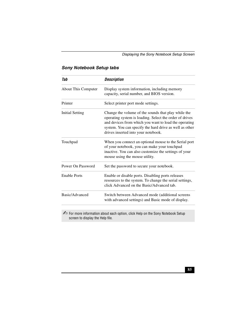 Sony notebook setup tabs | Sony PCG-R505DSK User Manual | Page 85 / 229