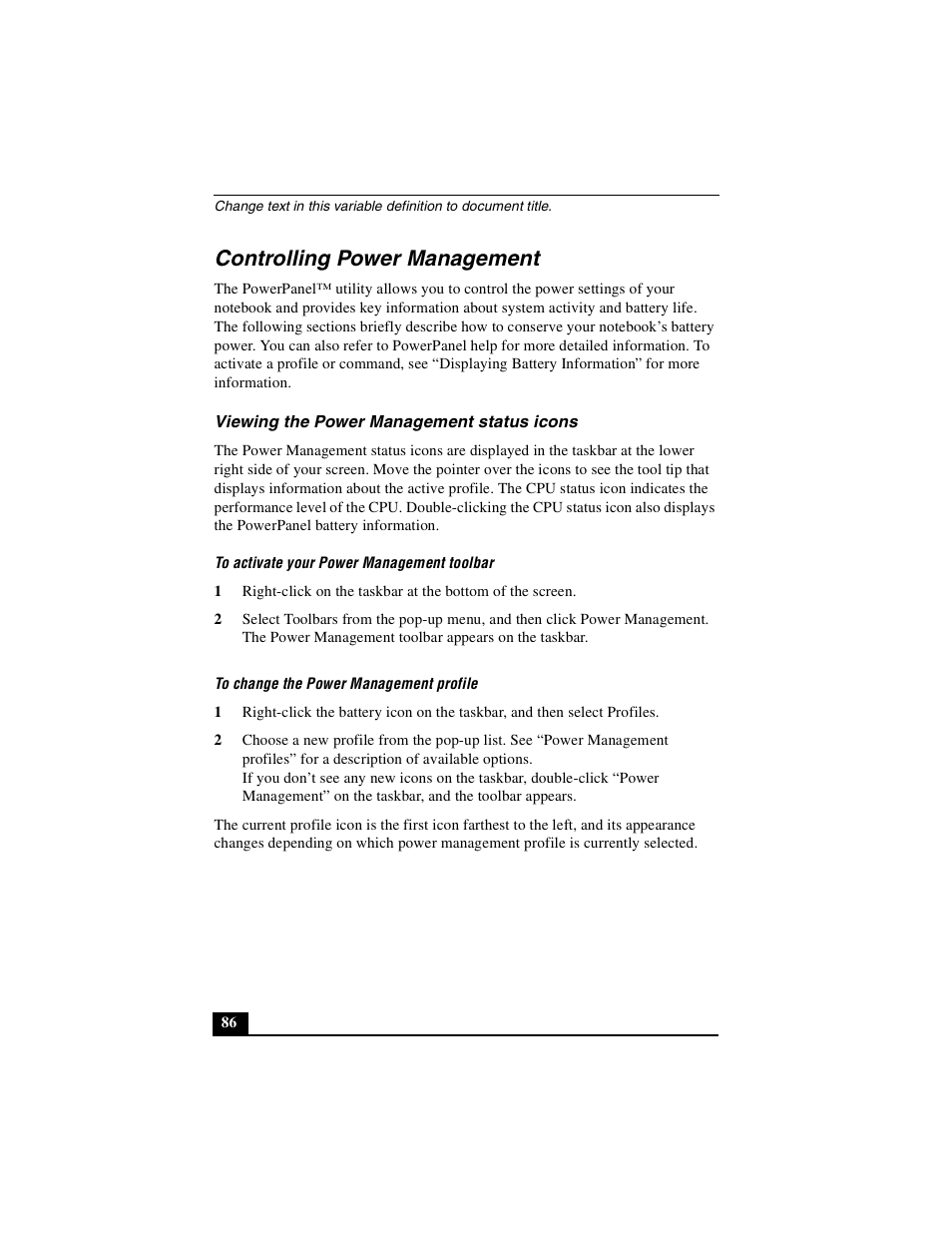 Controlling power management, Viewing the power management status icons | Sony PCG-R505DSK User Manual | Page 86 / 229