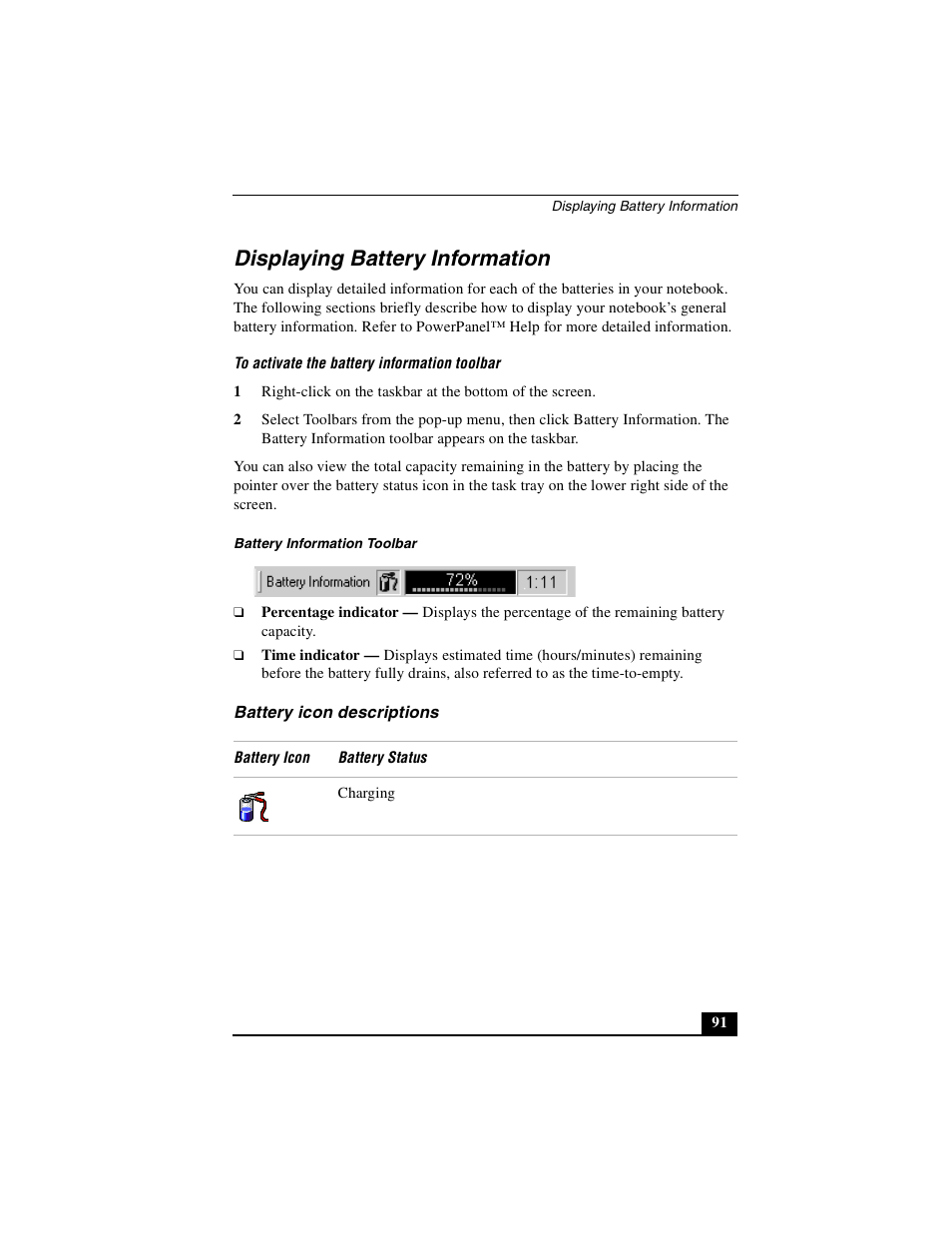 Displaying battery information, Battery icon descriptions | Sony PCG-R505DSK User Manual | Page 91 / 229