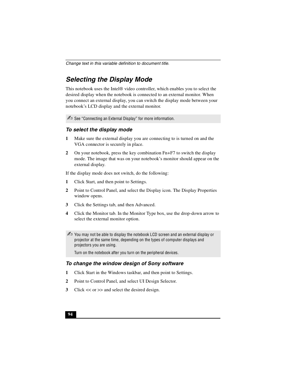 Selecting the display mode, To select the display mode, To change the window design of sony software | Sony PCG-R505DSK User Manual | Page 94 / 229