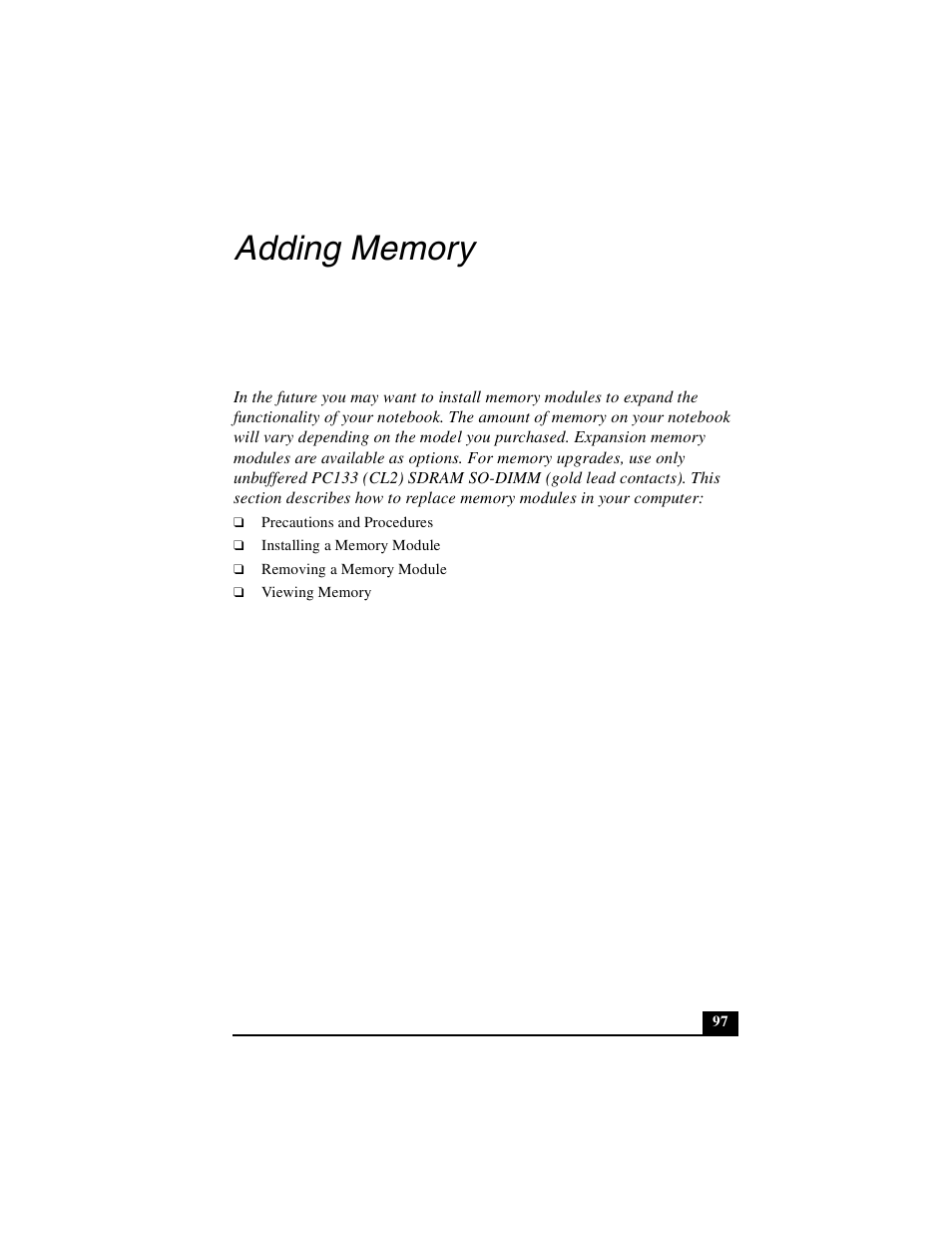 Adding memory | Sony PCG-R505DSK User Manual | Page 97 / 229