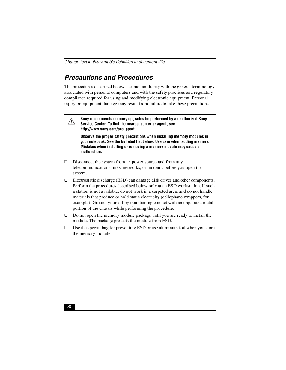 Precautions and procedures | Sony PCG-R505DSK User Manual | Page 98 / 229