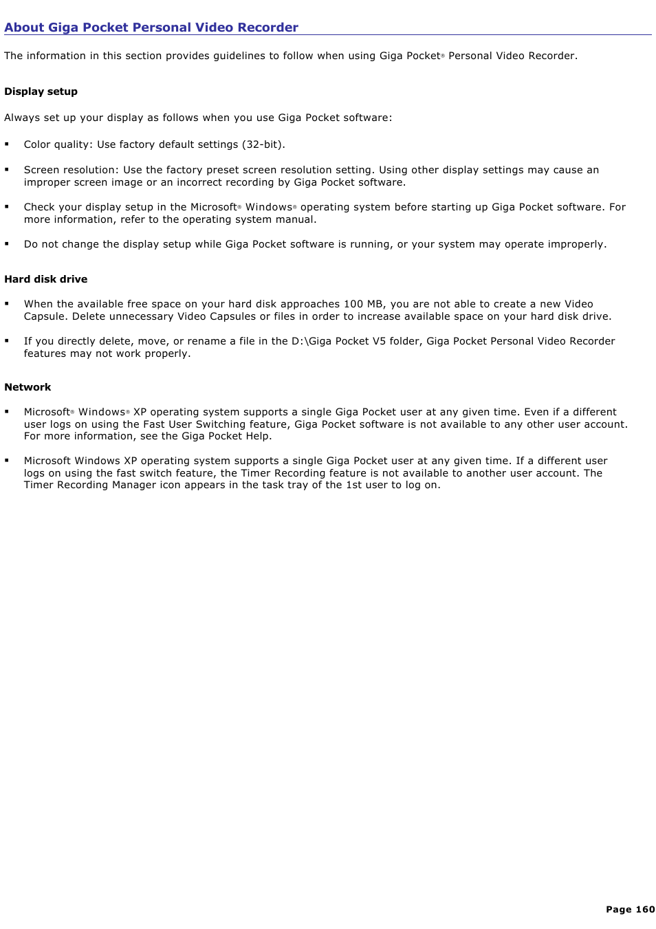About giga pocket personal video recorder | Sony VGN-A140 User Manual | Page 160 / 315