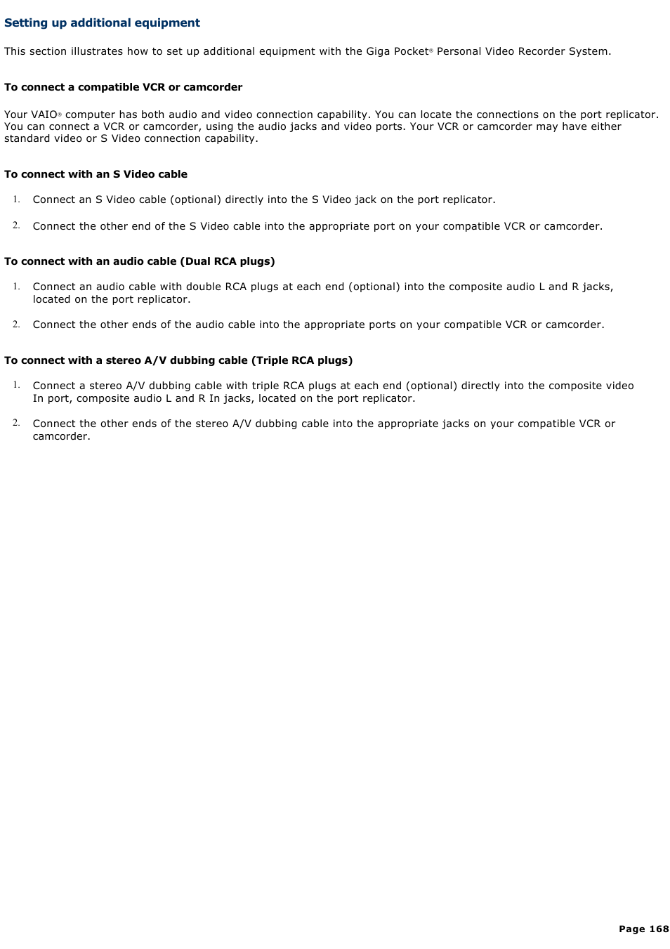 Setting up additional equipment | Sony VGN-A140 User Manual | Page 168 / 315