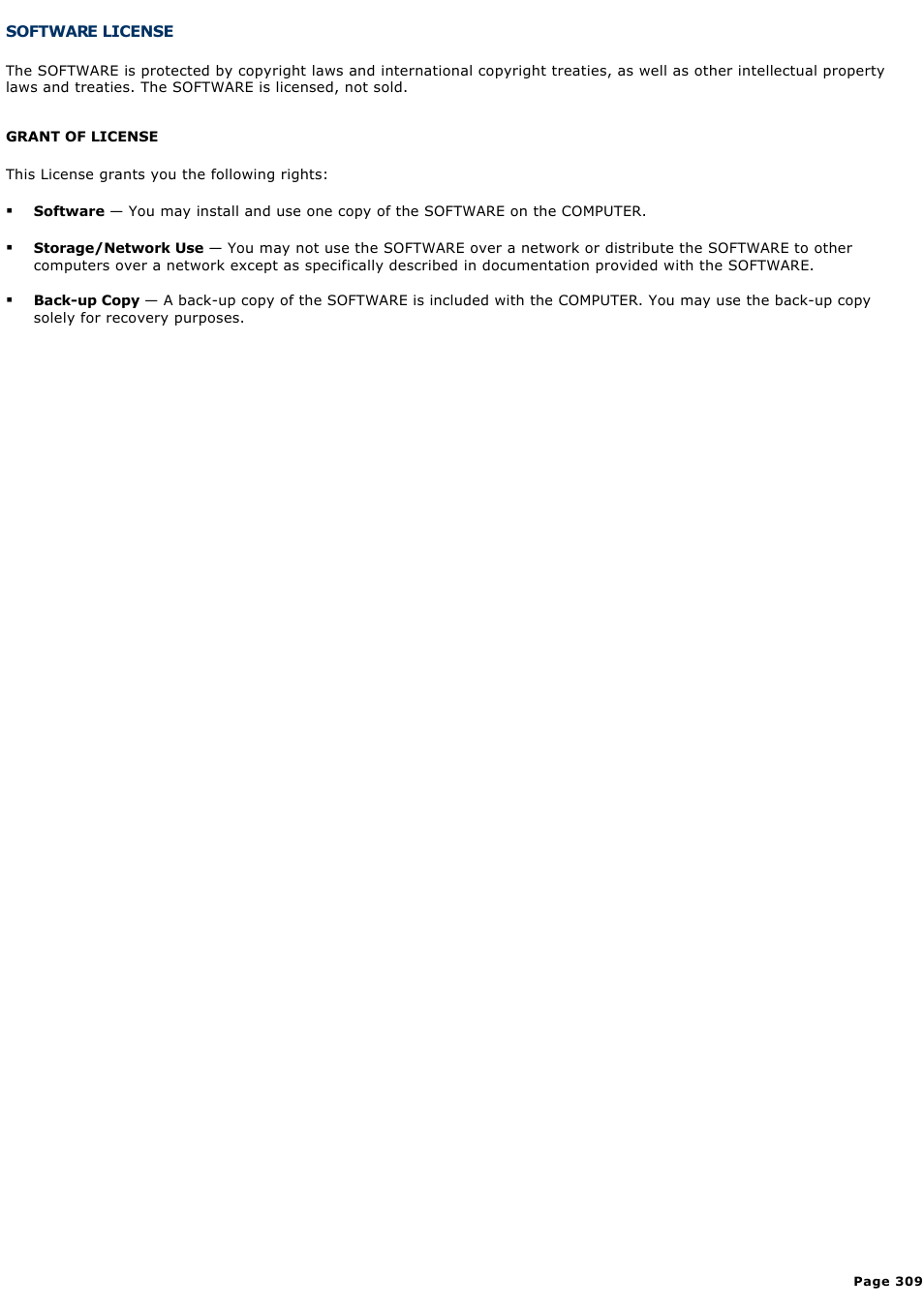 Software license | Sony VGN-A140 User Manual | Page 309 / 315