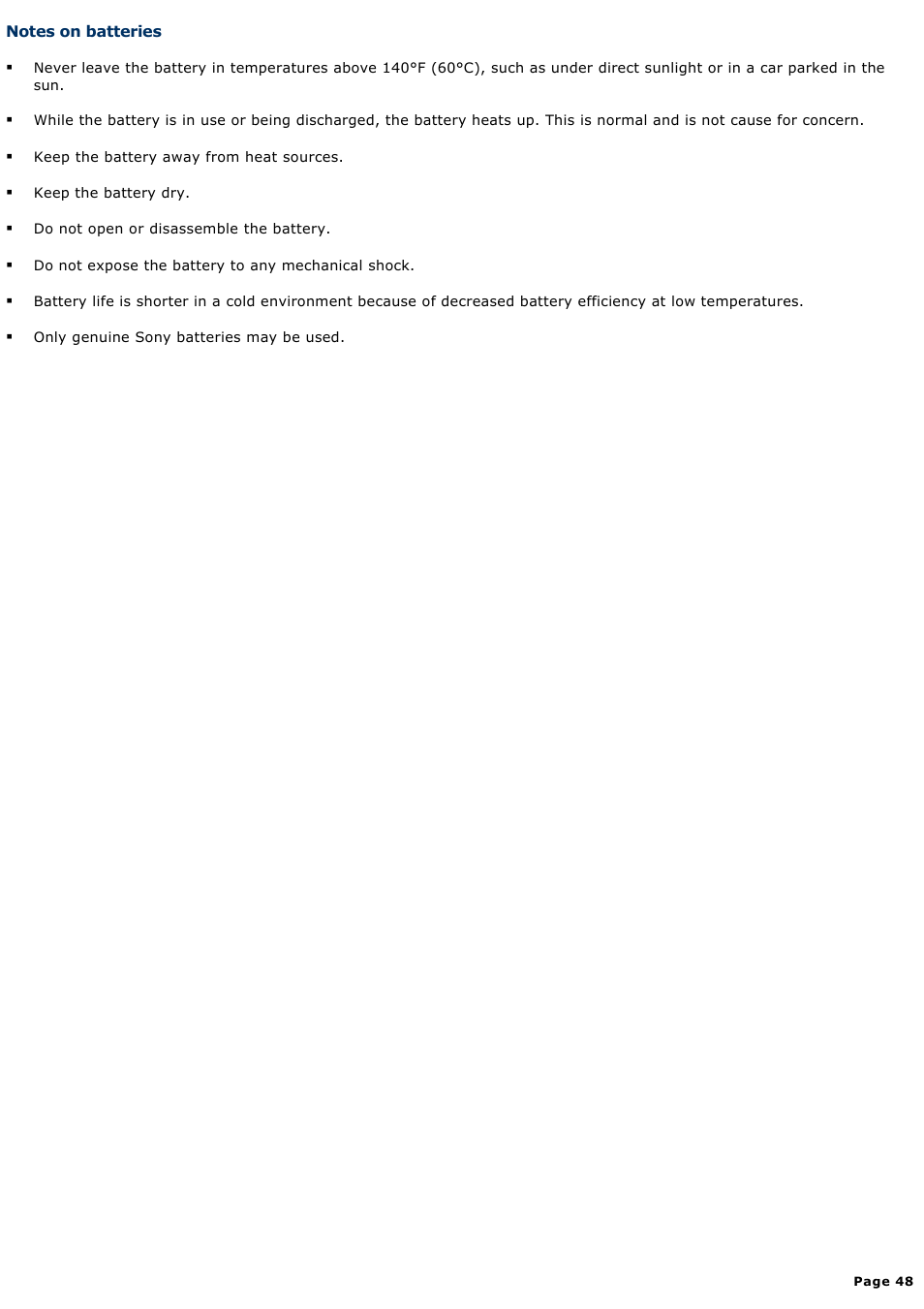 Notes on batteries | Sony VGN-A140 User Manual | Page 48 / 315