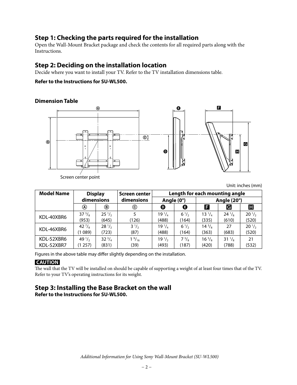 Step 2: deciding on the installation location, Step 3: installing the base bracket on the wall, Dimension table | Sony KDL-52XBR6 User Manual | Page 2 / 4