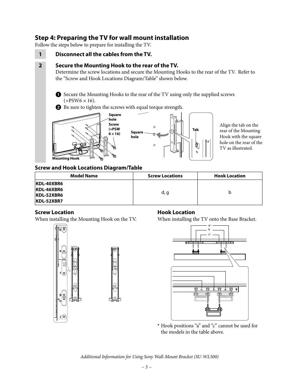 Screw and hook locations diagram/table, Screw location, Hook location | When installing the mounting hook on the tv, When installing the tv onto the base bracket | Sony KDL-52XBR6 User Manual | Page 3 / 4