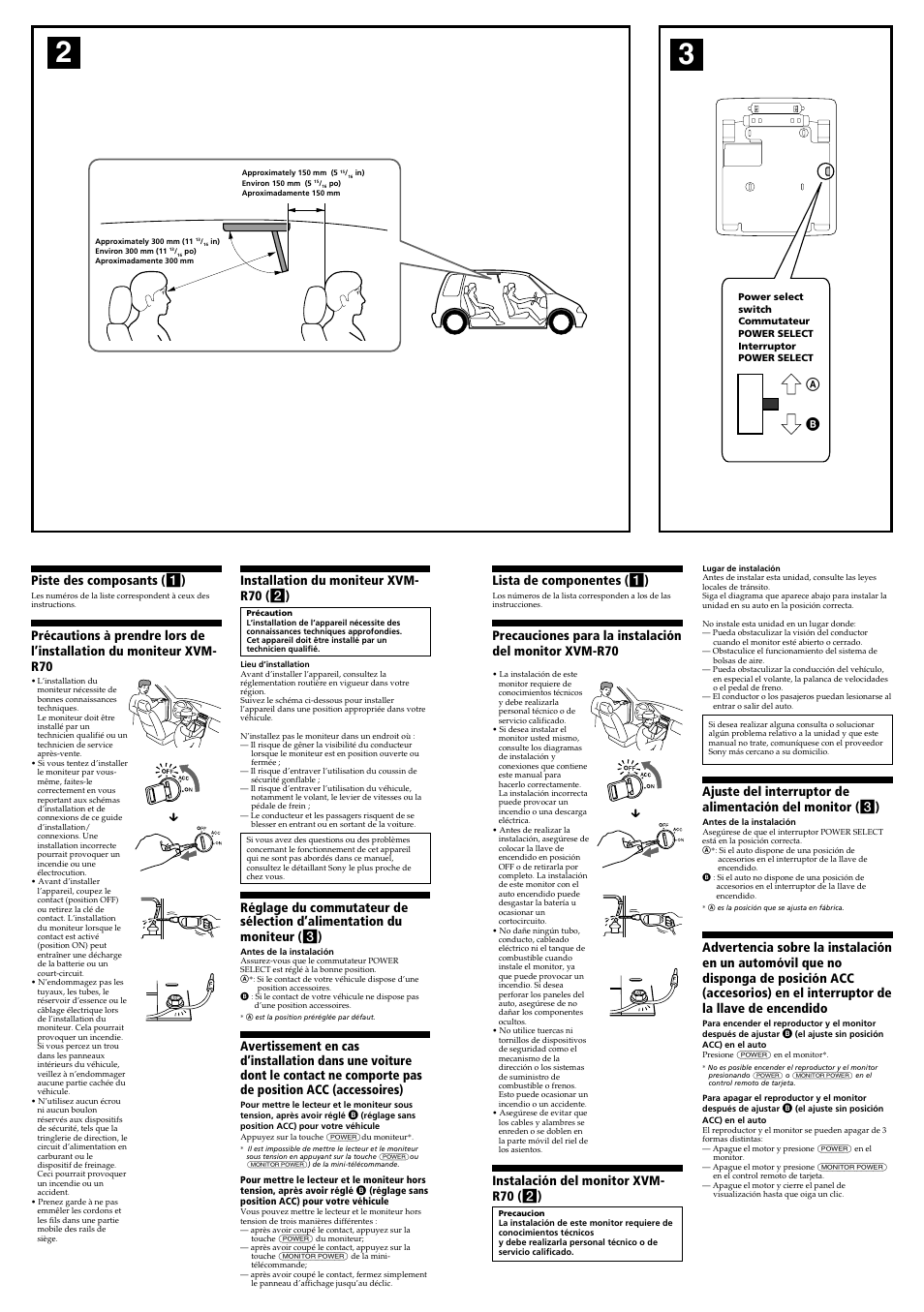 Piste des composants ( 1 ), Lista de componentes ( 1 ), Instalación del monitor xvm- r70 ( 2 ) | Installation du moniteur xvm- r70 ( 2 ) | Sony MV-7101DS User Manual | Page 2 / 4