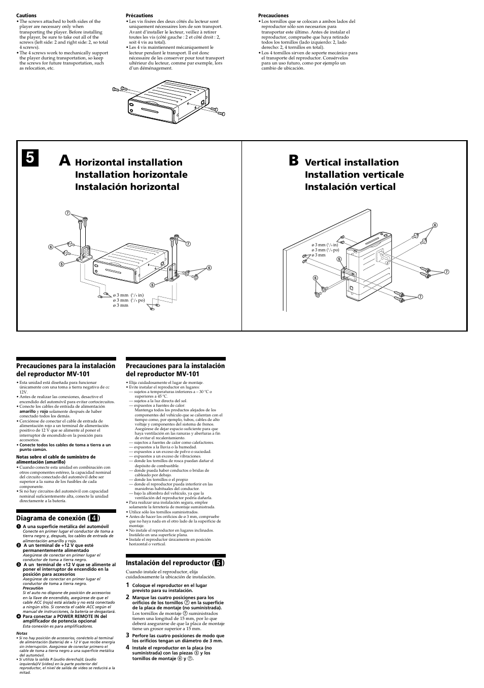 Instalación del reproductor ( 5 ), Diagrama de conexión ( 4 ) | Sony MV-7101DS User Manual | Page 4 / 4