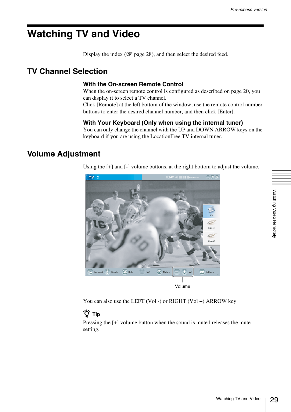 Watching tv and video, Tv channel selection, Volume adjustment | Sony LF-X1 User Manual | Page 29 / 40