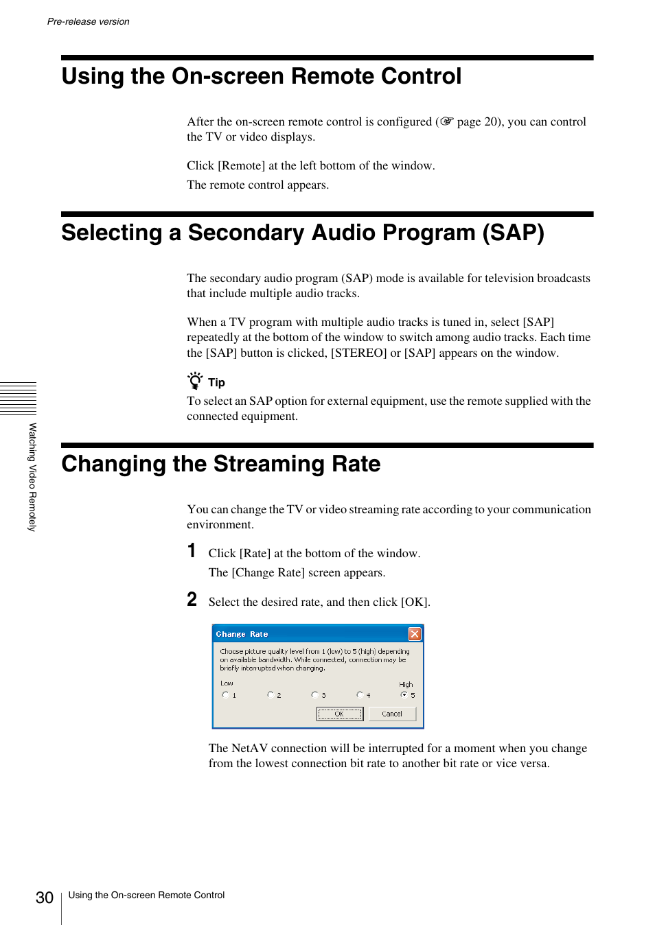 Using the on-screen remote control, Selecting a secondary audio program (sap), Changing the streaming rate | Sony LF-X1 User Manual | Page 30 / 40