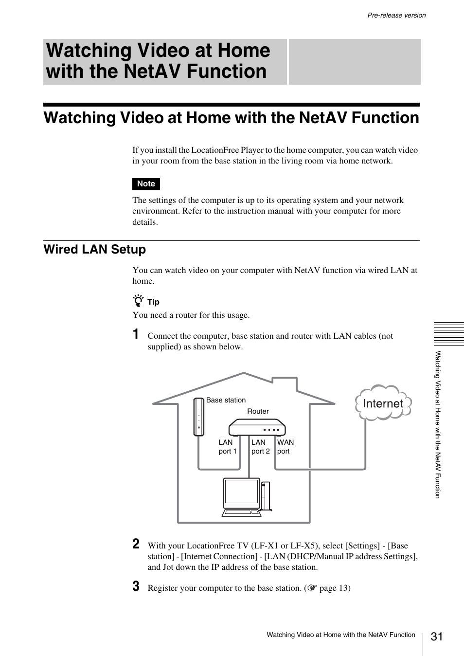 Watching video at home with the netav function, Wired lan setup | Sony LF-X1 User Manual | Page 31 / 40