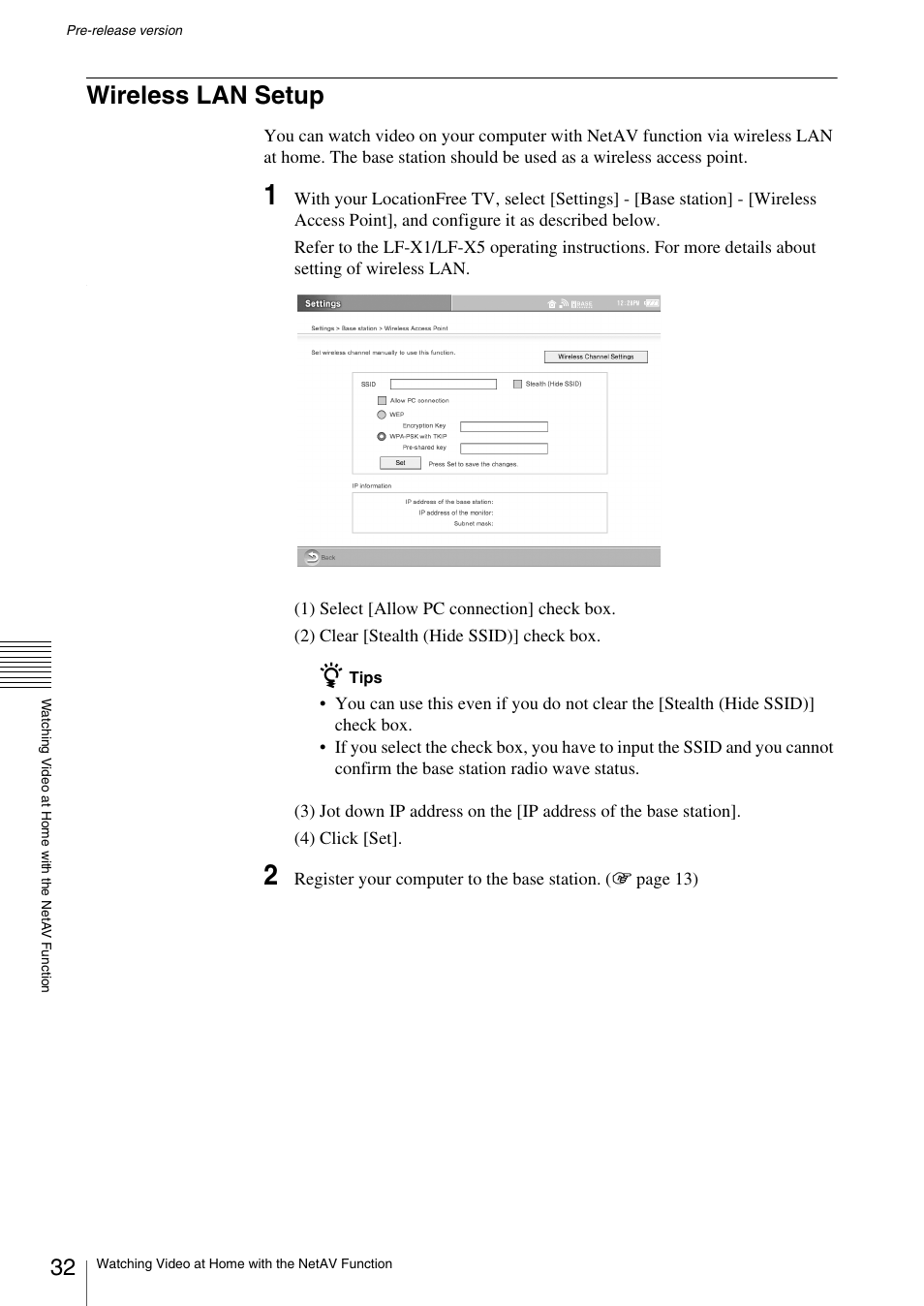 Wireless lan setup | Sony LF-X1 User Manual | Page 32 / 40