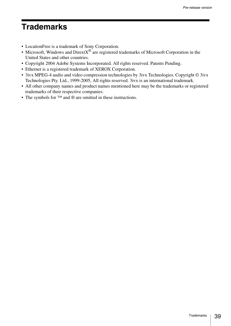 Trademarks | Sony LF-X1 User Manual | Page 39 / 40