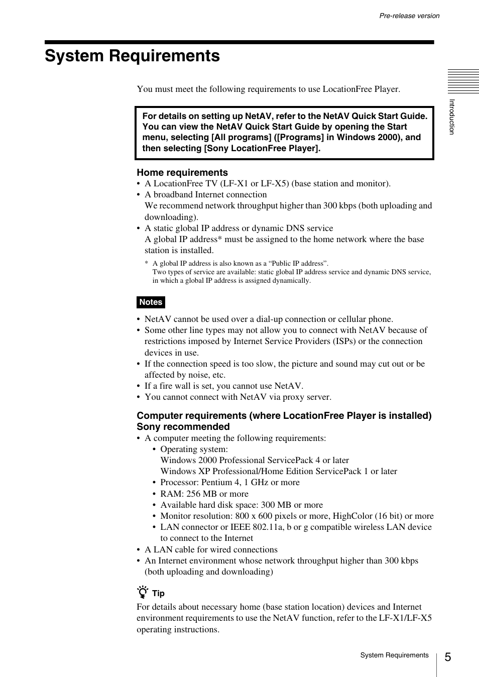 System requirements | Sony LF-X1 User Manual | Page 5 / 40