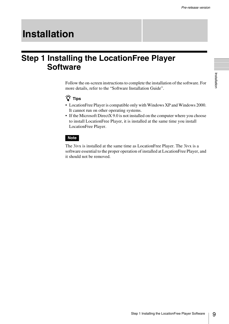 Installation, Step 1 installing the locationfree player software | Sony LF-X1 User Manual | Page 9 / 40