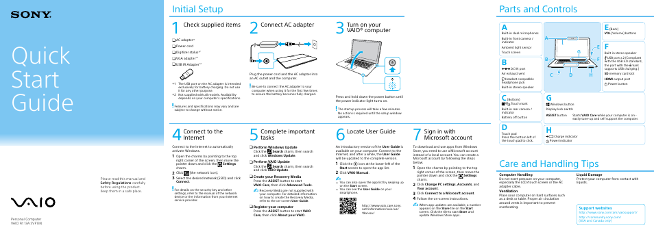 Quick start guide, Initial setup, Parts and controls | Care and handling tips, Check supplied items, Connect ac adapter, Turn on your vaio® computer, Connect to the internet, Locate user guide, Sign in with microsoft account | Sony SVF13N290X User Manual | Page 2 / 2