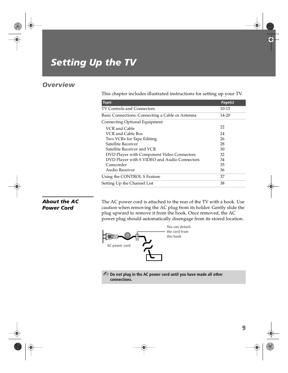 Setting up the tv, Overview, About the ac power cord | Sony KV-36HS510 User Manual | Page 10 / 90
