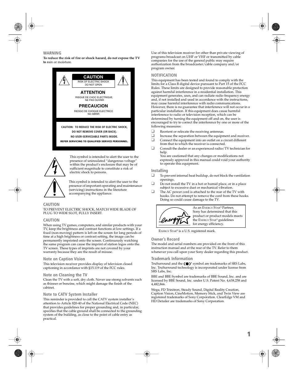 Attention caution precaucion | Sony KV-36HS510 User Manual | Page 2 / 90