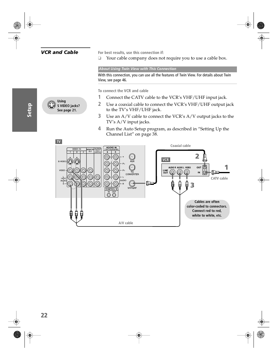 Vcr and cable, S 22 an | Sony KV-36HS510 User Manual | Page 23 / 90