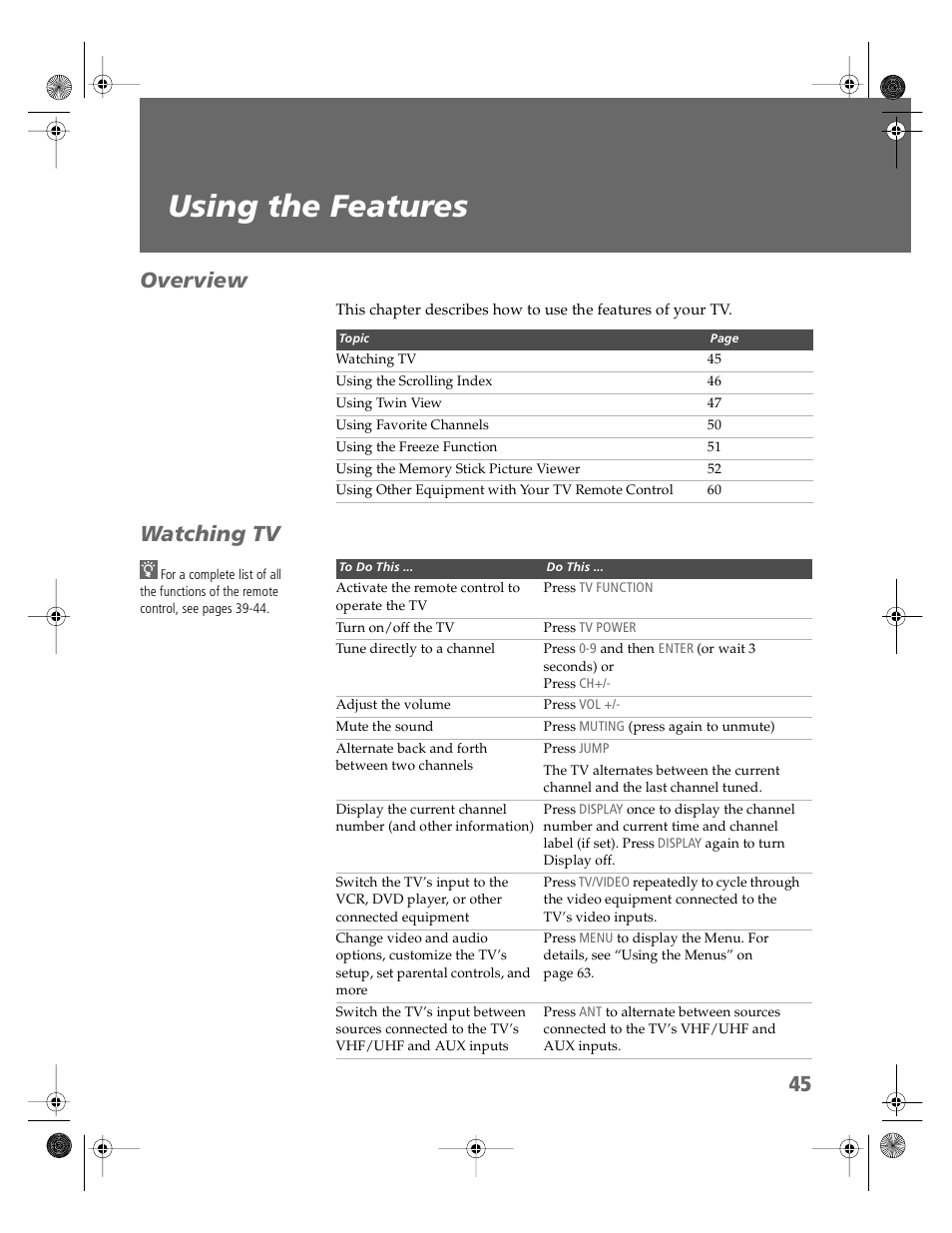 Using the features, Overview, Watching tv | Overview watching tv | Sony KV-36HS510 User Manual | Page 46 / 90