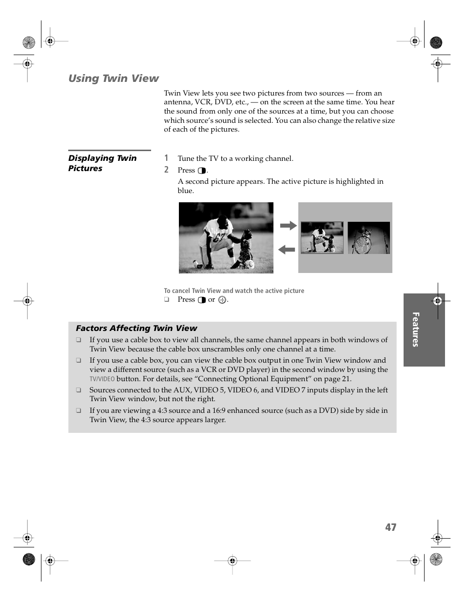 Using twin view, Displaying twin pictures, Factors affecting twin view | Sony KV-36HS510 User Manual | Page 48 / 90