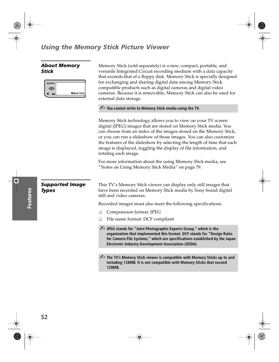 Using the memory stick picture viewer, About memory stick, Supported image types | Sony KV-36HS510 User Manual | Page 53 / 90