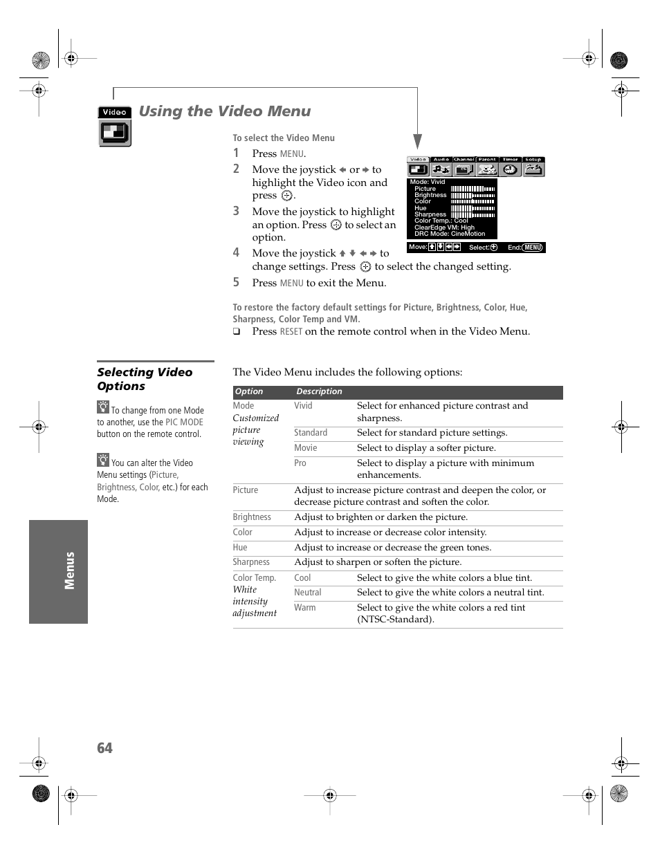 Using the video menu, Selecting video options | Sony KV-36HS510 User Manual | Page 65 / 90