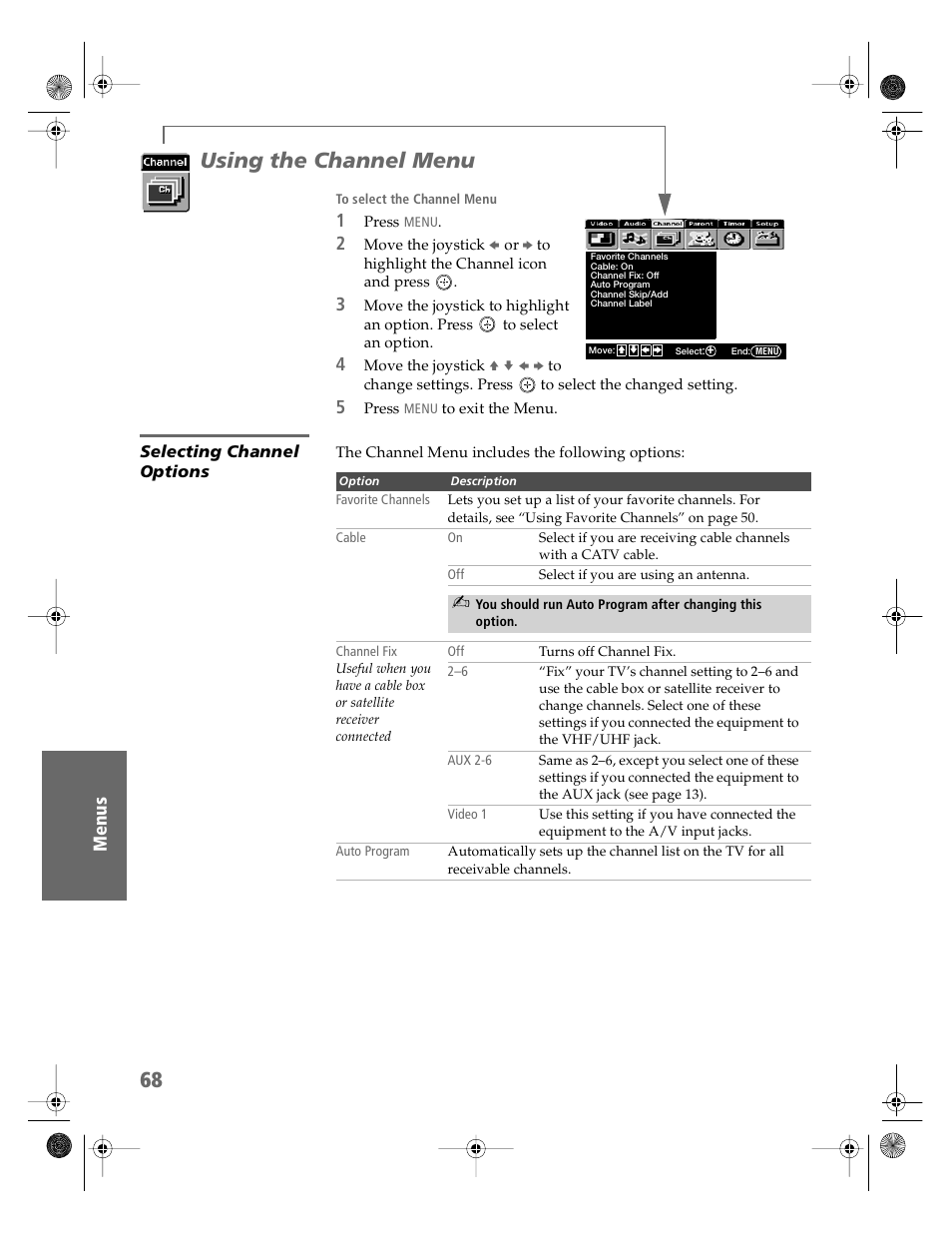 Using the channel menu, Selecting channel options | Sony KV-36HS510 User Manual | Page 69 / 90