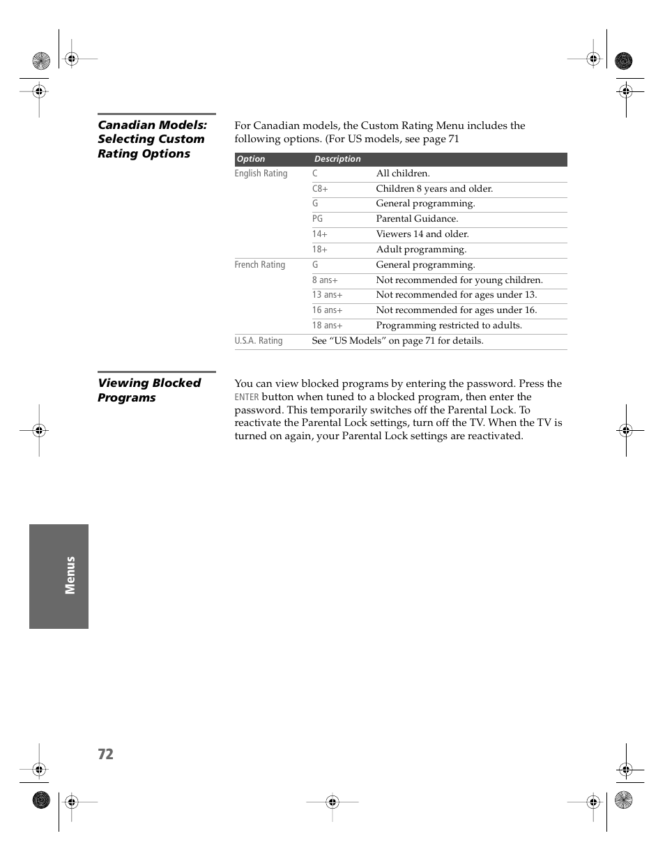 Canadian models: selecting custom rating options, Viewing blocked programs | Sony KV-36HS510 User Manual | Page 73 / 90