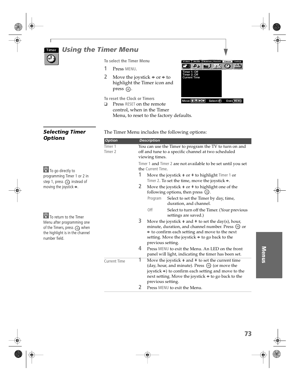 Using the timer menu, Selecting timer options, D 73 | Sony KV-36HS510 User Manual | Page 74 / 90