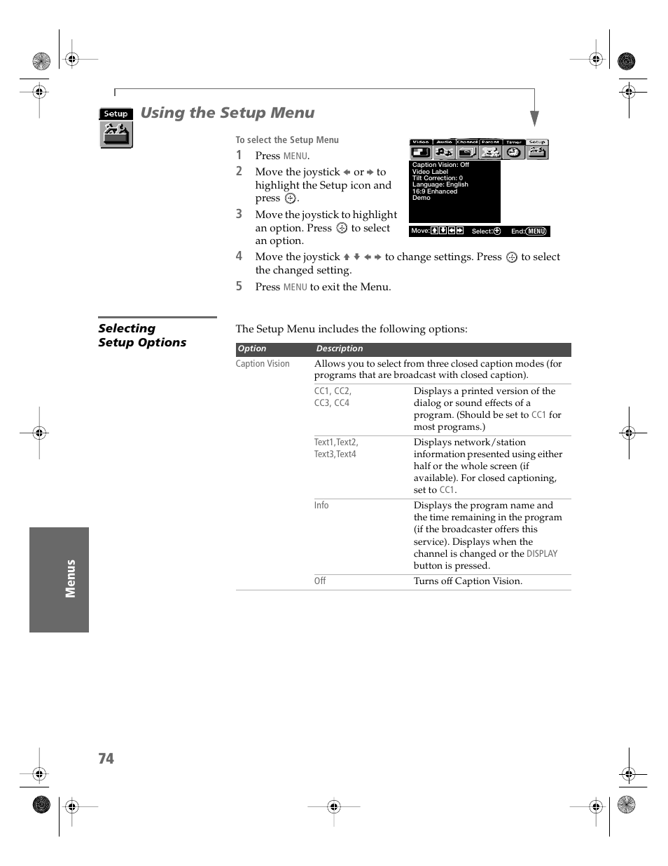 Using the setup menu, Selecting setup options | Sony KV-36HS510 User Manual | Page 75 / 90