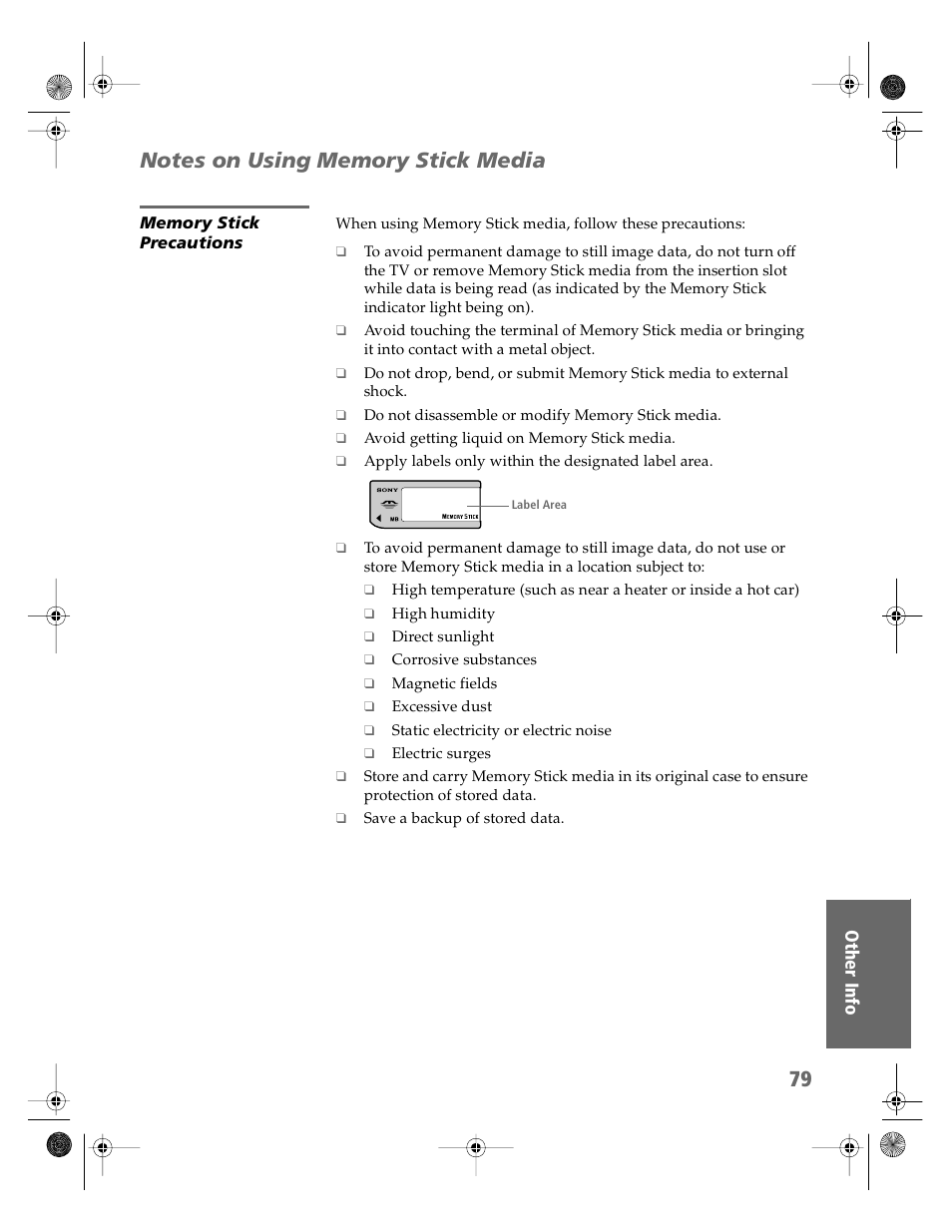 Notes on using memory stick media, Memory stick precautions | Sony KV-36HS510 User Manual | Page 80 / 90